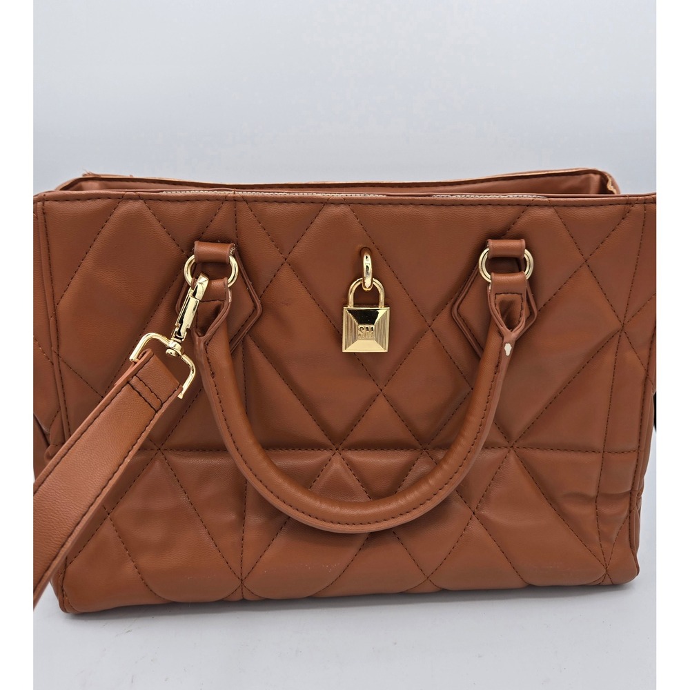 Steve Madden Brown Quilted Satchel Crossbody Bag Gold Lock Accent NEW